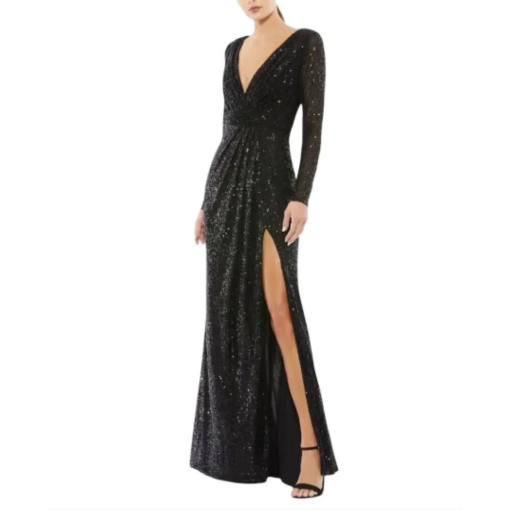 Ieena Mac Duggal 26395 Black Sequin Faux Wrap Gown Size 6 NWT